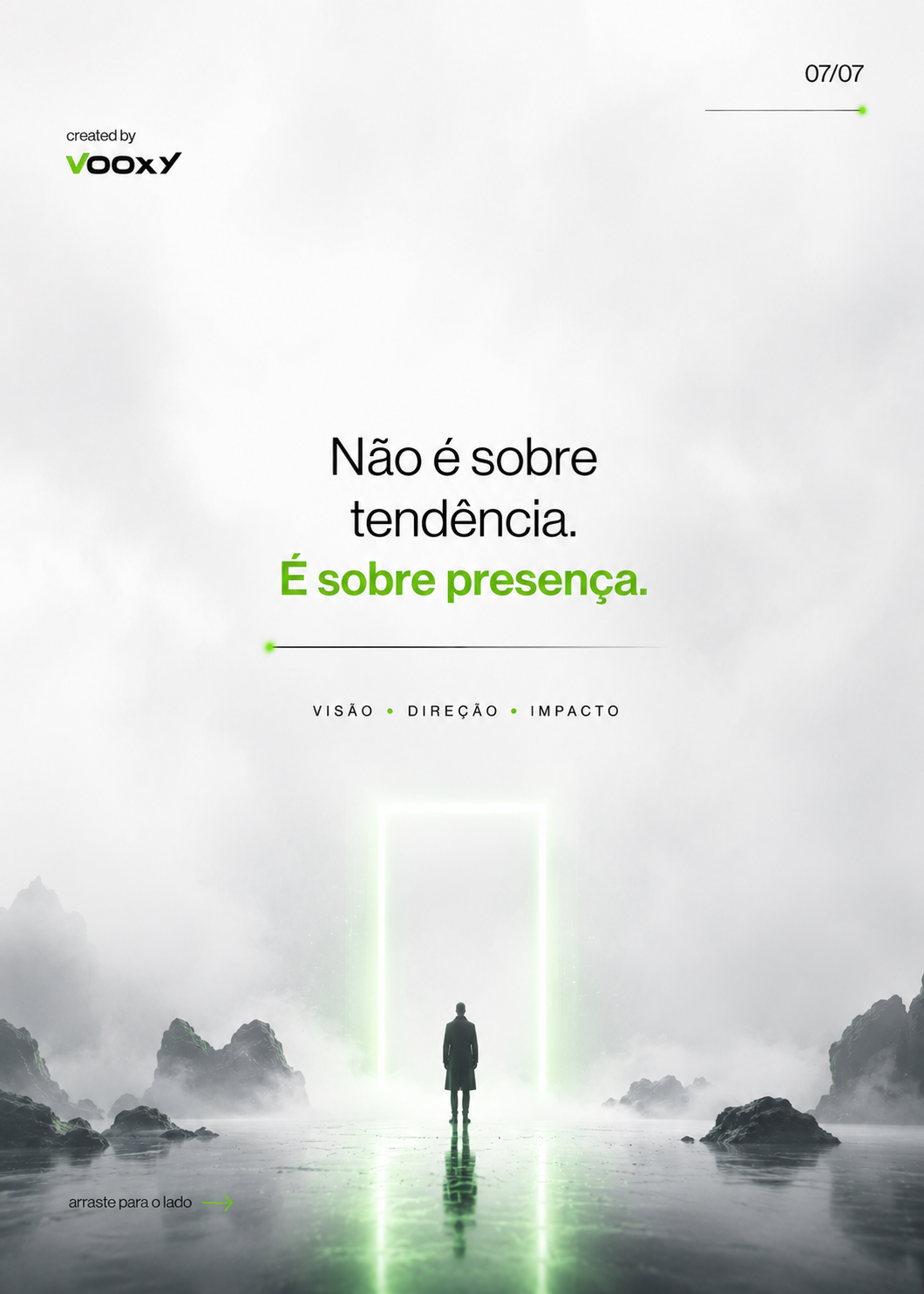Portal futurista em paisagem minimalista representando visão, direção e impacto da Vooxy Branding